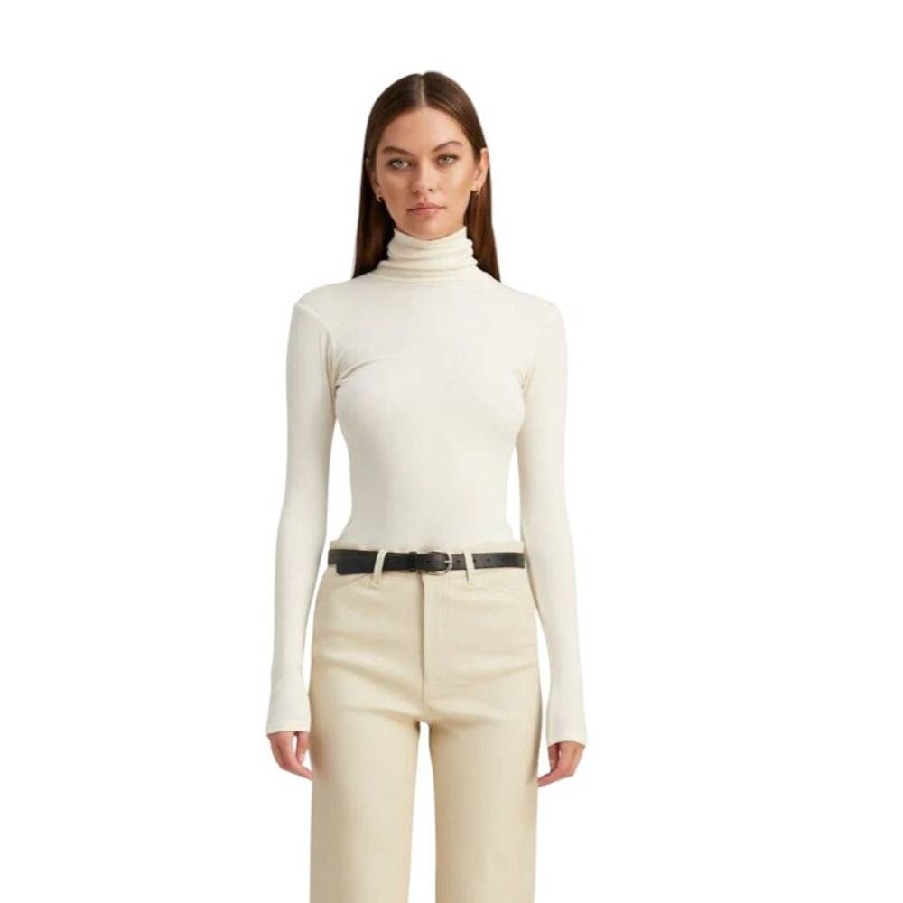Cream Turtleneck Long Sleeve Top - Women's Slim Fit